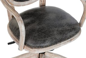 Scaun vintage de birou din piele ecologică maro închis cu roți și înălțime reglabilă, lemn cu finisaj alb antichizat, „Régent"