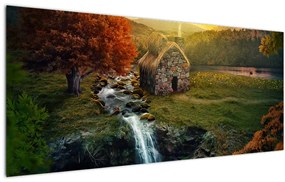 Tablou cu căbănuță în peisaj de poveste (120x50 cm)