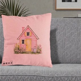 Perna Decorativa Casuta Roz Acuarela cu Gradina, 40x40 cm, Roz, Husa Detasabila, Perna Inclusa, BEKZ®
