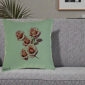 Perna Decorativa Trandafiri Roz Pastel Acuarela, 40x40 cm, Verde, Husa Detasabila, Perna Inclusa, BEKZ®