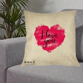 Cadou Romantic - Perna Personalizata I Love You Inima Roz, 40x40 cm, Crem, Husa Detasabila, Perna Inclusa, BEKZ®