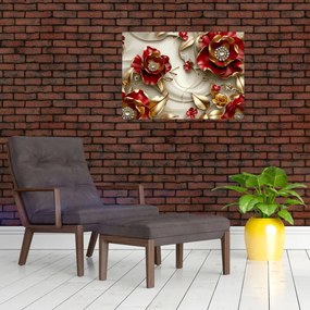 Tablou pe sticlă - Flori 3D Roșu-Auriu (70x50 cm)