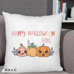 Perna Decorativa Happy Halloween Boo Trei Dovlecei Kawaii, 40x40 cm, Alb Pufos, Husa Detasabila, Perna Inclusa, BEKZ®