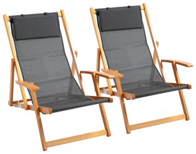 Outsunny Set de 2 Sezlonguri de Gradina Pliabile cu Spatar Reglabil pe 3 Niveluri, Sezlong pentru Plaja din Lemn si Tesatura Plasa, Gri