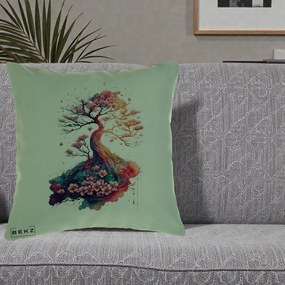 Perna Decorativa Copac Sakura Acuarela Fantasy, 40x40 cm, Verde, Husa Detasabila, Perna Inclusa, BEKZ®