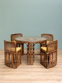 Set dining din ratan împletit manual, maro, masă rotundă cu blat din sticlă și 4 scaune, perne din catifea muștar, aspect vintage, 76 x 109 cm,
