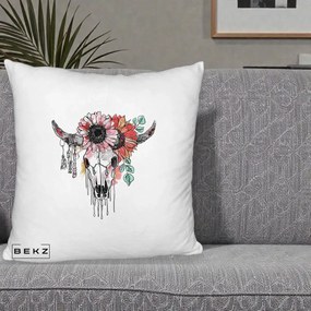 Perna Decorativa Craniu Boho Floral, 40x40 cm, Alb Pufos, Husa Detasabila, Perna Inclusa, BEKZ®
