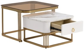 Set de Măsuțe de Cafea Suprapozabile din Marmură Lucioasă și Sticlă cu Detalii Aurii și Sertare, 60x60x42,5 cm + 50x50x34 cm, Alb