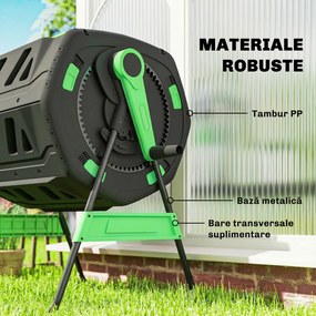 Compostor de Grădină Rotativ Outsunny 200L cu Cameră Dublă, Rotație 360°, Guri de Aerisire, Mănuși, din PP Fără BPA, pentru Compostare Deșeuri Organice din Bucătărie, Grădină și Curte | Aosom Romania