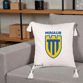 Perna Personalizata Minaur Baia Mare Fotbal, 40x40 cm, Bej cu Franjuri, Husa Detasabila, Perna Inclusa, BEKZ®