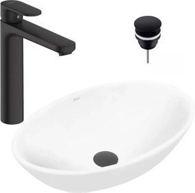 Pachet lavoar pe blat Rea Pamela alb 53 cm, baterie lavoar Hansgrohe Vernis Blend 190 negru si ventil lavoar Click-Clack negru
