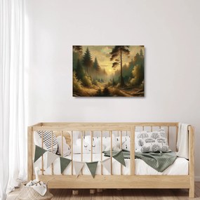 Tablou pe sticlă - Soare strălucind prin pădure (70x50 cm)