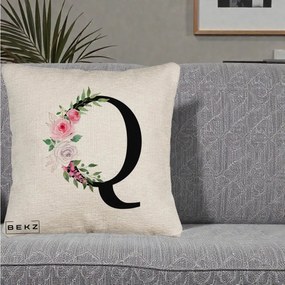 Cadou Personalizat - Perna Personalizata Monograma Florala Litera Q, 40x40 cm, Bej Canapea, Husa Detasabila, Perna Inclusa, BEKZ®