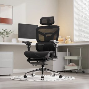 NEXORA – Scaun ergonomic, suport lombar 3D adaptiv, tetieră 4D, cotiere 9D, șezut glisant, recliner 135°, suport pentru picioare, bază metalică, Mesh, Negru