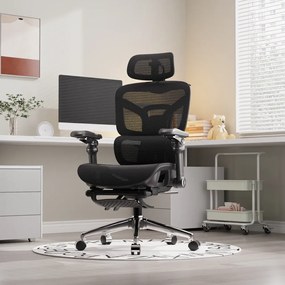 Scaun ergonomic, Sezut translatie, cotiere 9D, tetiera 3D, suport lombar 3D Adaptive, pivotant, suport picioare, Negru