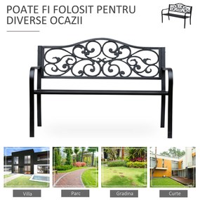 Outsunny Banca pentru exterior din fonta si metal, banca pentru gradina 2 locuri cu spatar inalt decorat, 127x60x89cm, negru