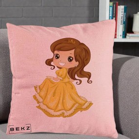 Perna Decorativa Printesa Bella Rochie Aurie, 40x40 cm, Roz, Husa Detasabila, Perna Inclusa, BEKZ®