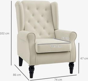 HOMCOM Scaun Decorativ Capitonat cu Spatar Inalt, Cotiere Rotunjite Captusite și Sezut cu Captuseala Groasa, Alb Crem | Aosom Romania