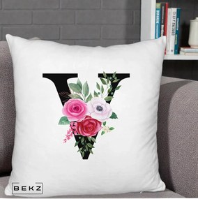 Cadou Personalizat - Perna Personalizata Monograma Florala Litera V cu Buchet, 40x40 cm, Alb Pufos, Husa Detasabila, Perna Inclusa, BEKZ®