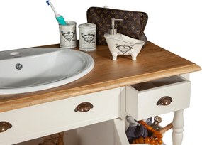 Mobilier de baie din lemn masiv, lavoar ceramica , alb antichizat  natur, L128x54xH92 cm