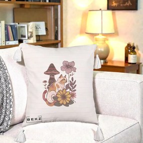 Perna Decorativa Pisica Vintage Florala Boho, 40x40 cm, Bej cu Franjuri, Husa Detasabila, Perna Inclusa, BEKZ®