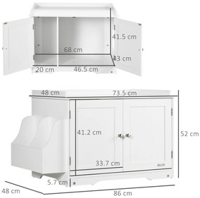 PawHut Mobilier Acoperit pentru Litieră cu Separator Interior Reglabil, Intrare Laterală și 2 Uși, 86x48x52 cm, Alb | Aosom Romania
