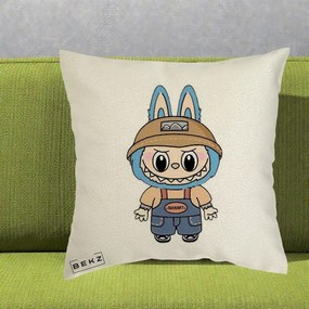Perna Personalizata Labubu Toanart Blugi, 40x40 cm, Ecru, Husa Detasabila, Perna Inclusa, BEKZ®