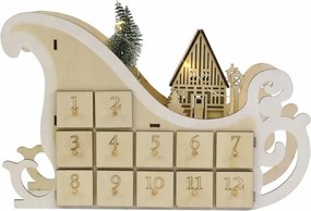 Calendar advent din lemn cu 12 sertare, LED cald, timer, san