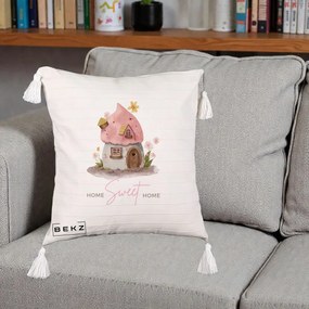 Perna Decorativa Home Sweet Home Casuta, 40x40 cm, Bej cu Franjuri, Husa Detasabila, Perna Inclusa, BEKZ®