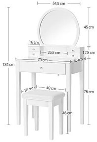 Masa de toaleta cu scaun si oglinda, 70 x 40 x 134 cm, MDF, alb, Vasagle