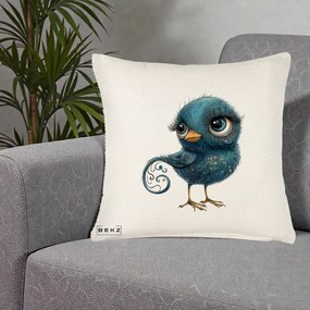 Perna Decorativa Pasare Teal cu Motive Aurii si Coada Spiralata, 40x40 cm, Crem Reliefat, Husa Detasabila, Perna Inclusa, BEKZ®