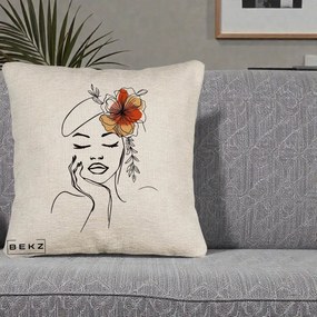 Perna Decorativa Portret Feminin Flori Palarie, 40x40 cm, Bej Canapea, Husa Detasabila, Perna Inclusa, BEKZ®