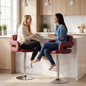 HOMCOM Scaun de Bar cu Înălțime Reglabilă, Scaun de Bucătărie Înalt din PU cu Spătar, Suport pentru Picioare, Cotiere și Șezut Confortabil, Structură Metalică, Rotativ la 360°, pentru Insulă, Roșu Vin | Aosom Romania