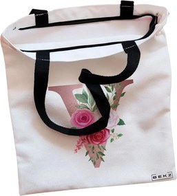 Sacosa de Panza pentru Cumparaturi, Geanta Tote, Cu litera V Rose Gold si Trandafiri, Cu fermoar, 38x34.5 cm, Alba, BEKZ®