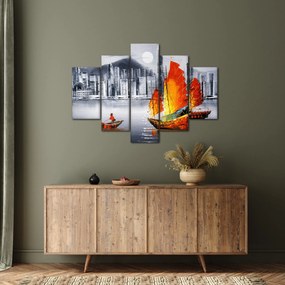 Tablou - Victoria Harbour, Hong Kong, pictură în ulei alb- negru (150x105 cm)