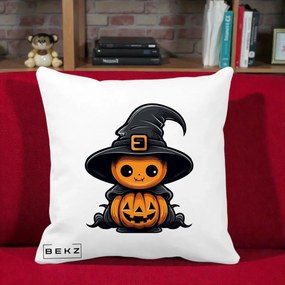 Perna Decorativa Halloween Dovleac Vrajitor Kawaii, 40x40 cm, Alba Mata, Husa Detasabila, Perna Inclusa, BEKZ®