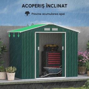 Outsunny Magazie de Grădină pentru Unelte din Tablă de Oțel cu Uși Culisante, 213x130x185 cm, Verde | Aosom Romania