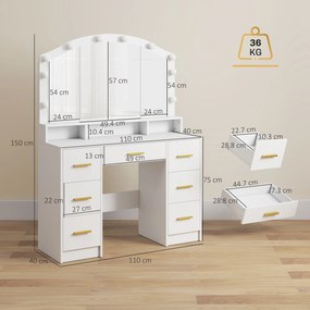 HOMCOM Masă de machiaj cu 10 becuri LED Hollywood, oglindă, 7 sertare, 3 compartimente, MDF, Alb | Aosom Romania