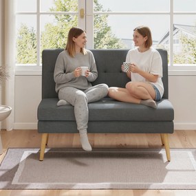 HOMCOM Canapea cu 2 locuri, spătar tuftat, picioare din lemn, căptușeală groasă, aspect de in, pentru spații mici, gri | Aosom Romania