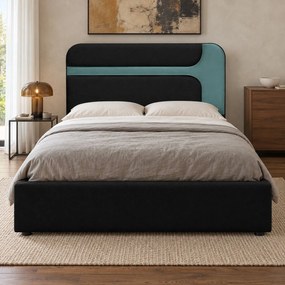 Pat tapițat Isadora 180×200 cm, negru + verde marin, cu ladă de depozitare