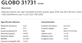 Stalp mic pentru iluminat exterior IP44 Herri antracit