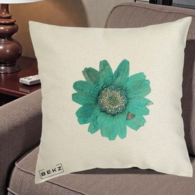 Perna Decorativa Floare Gerbera Teal Acuarela, 40x40 cm, Ecru, Husa Detasabila, Perna Inclusa, BEKZ®