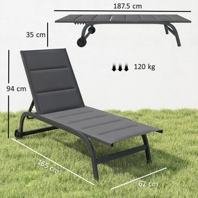 Outsunny Șezlong de soare material respirabil cu spătar reglabil în 6 trepte, roți, cadru din aluminiu Gri închis | Aosom Romania