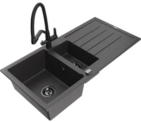 Mexen Andres chiuvetă de granit 1,5-camere cu scurgător și baterie de bucătărie Duo, negru pătat - 6515-76-671701-70-B