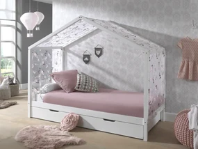 Set Pat Căsuță pentru copii, cu Sertar și Perdea Fluturi, Alb, 90 x 200 cm, Pin Masiv – Dallas – Vipack