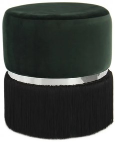 Puf/ Taburet tapitat cu franjuri Rebecca verde inchis / negru / argintiu