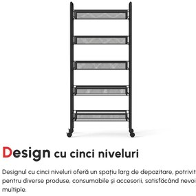 HOMCOM Cărucior de Bucătărie cu 5 Niveluri și Coșuri din Plasă, Soluție de Depozitare pentru Sufragerie, Design Modern | Aosom Romania
