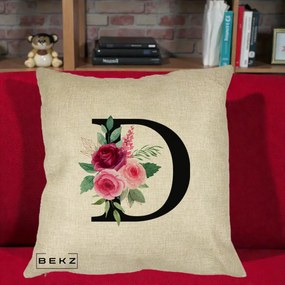 Cadou Personalizat - Perna Personalizata Monograma Florala Litera D, 40x40 cm, Crem, Husa Detasabila, Perna Inclusa, BEKZ®
