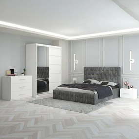 Set Mobila De Dormitor Eric Gri+Comoda, pat tapitat 160x200cm, dulap cu oglinda 150x210cm, noptiere