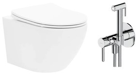 Pachet vas wc suspendat Rea Carlo Mini Basic, capac softclose si set dus igiena intima crom cu baterie incastrata Omnires Y